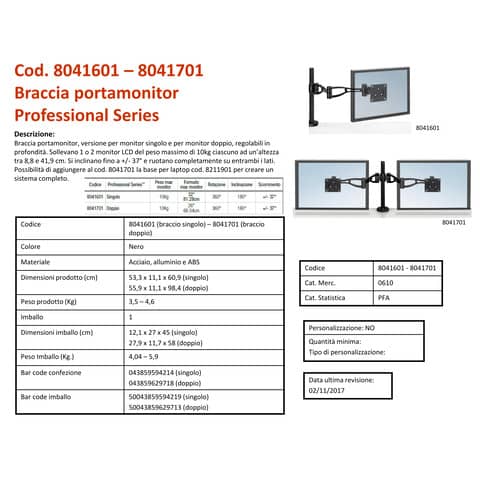 Braccio Monitor Singolo per regolare monitor LCD/TFT Fellowes Professional Series™nero max 32 pollici - 8041601